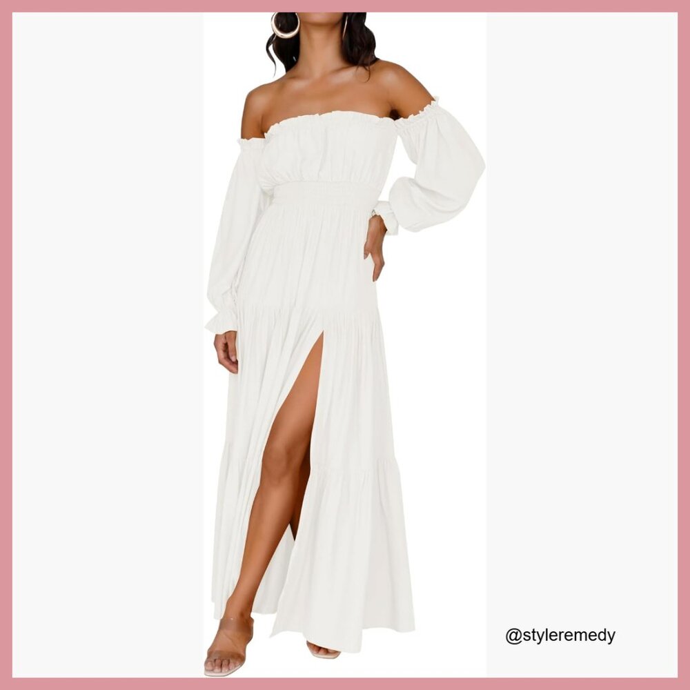 Rayon Off Shoulder Maxi Dress with High Split and Puff Sleeves